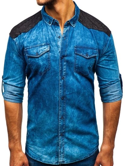 Men's Long Sleeve Patterned Denim Shirt Blue Bolf 0517