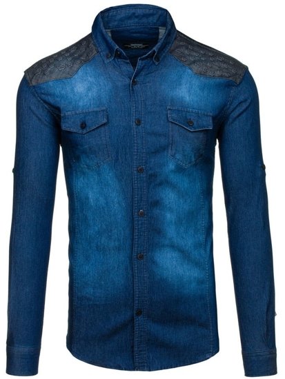 Men's Long Sleeve Patterned Denim Shirt Navy Blue Bolf 0517