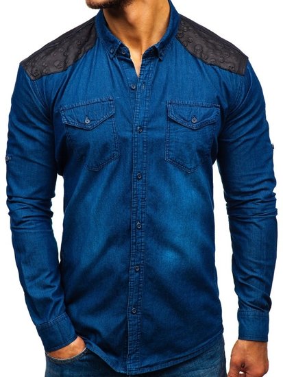 Men's Long Sleeve Patterned Denim Shirt Navy Blue Bolf 0517