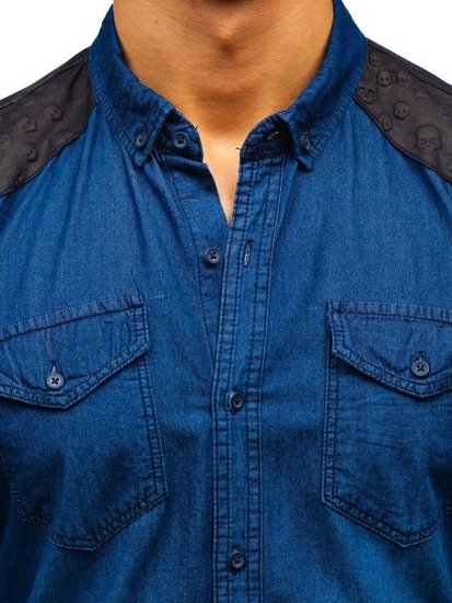 Men's Long Sleeve Patterned Denim Shirt Navy Blue Bolf 0517