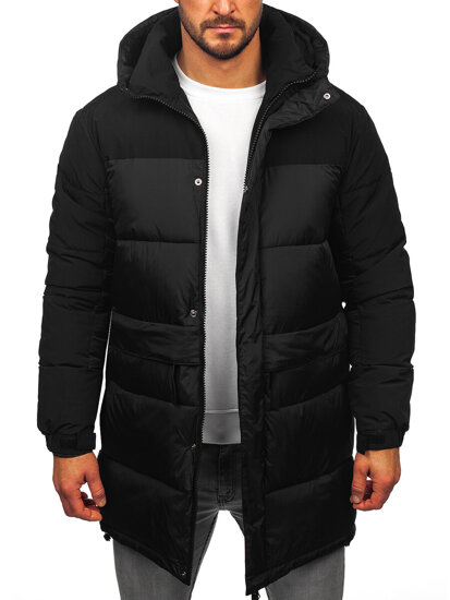 Men’s Longline Quilted Winter Jacket with hood Black Bolf 31M5016