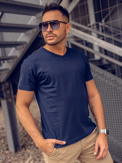 Men's Plain V-neck T-shirt Navy Blue Bolf 192131