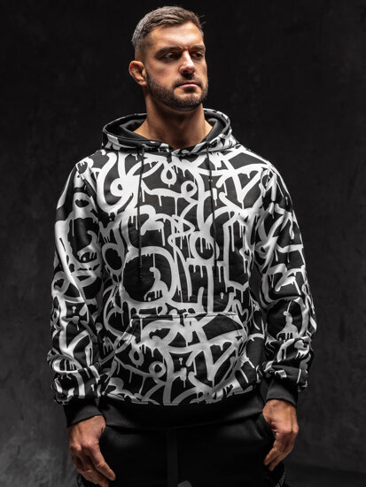 Men's Printed Kangaroo Hoodie Black-White Bolf 8B1152A1