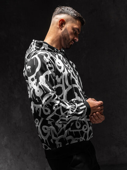 Men's Printed Kangaroo Hoodie Black-White Bolf 8B1152A1