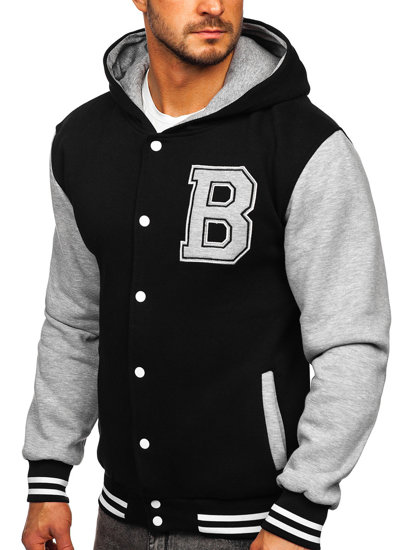 Men's Printed Zip Baseball Jacket with Hood Black Bolf 07