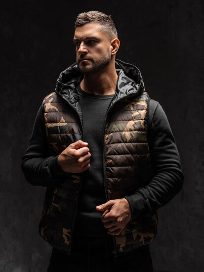 Men’s Quilted Camo Gilet with hood Khaki Bolf 7106A1