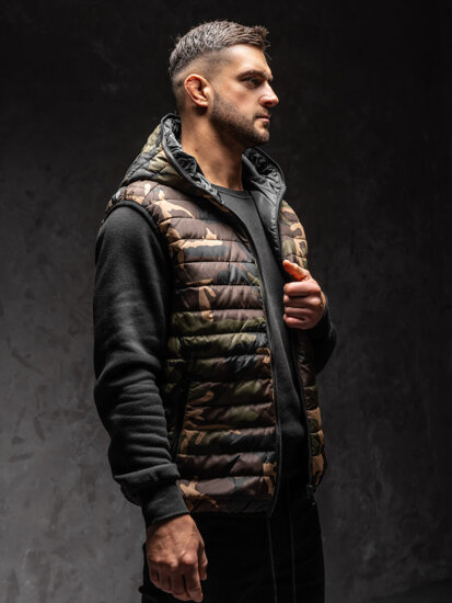 Men’s Quilted Camo Gilet with hood Khaki Bolf 7106A1