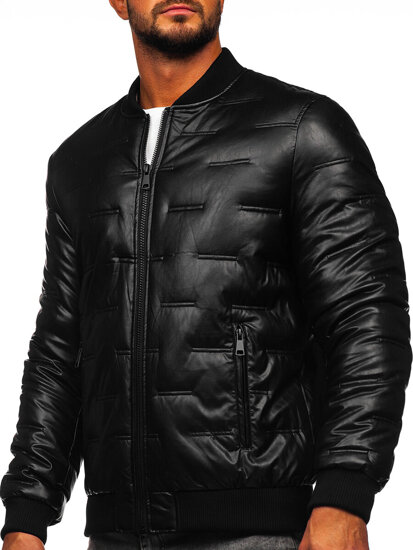 Men’s Quilted Leather Winter Bomber Jacket Black Bolf 11Z8099