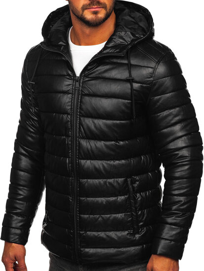 Men’s Quilted Leather Winter Jacket Black Bolf 11Z8088