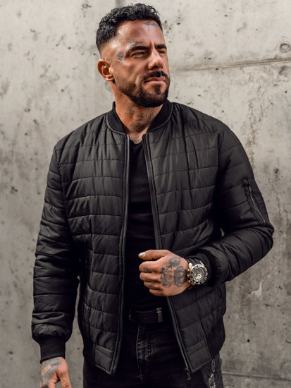 Men's Quilted Lightweight Bomber Jacket Black Bolf MY-02