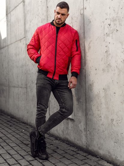 Men s Quilted Lightweight Bomber Jacket Red Bolf MY 01 RED