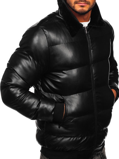 Men's Quilted Winter Leather Jacket Black Bolf 0022