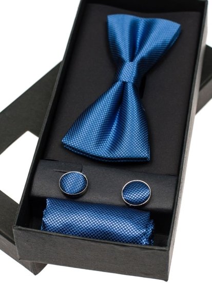 Men's Set Bow Tie, Cufflinks, Pocket Square Blue Bolf MSP01