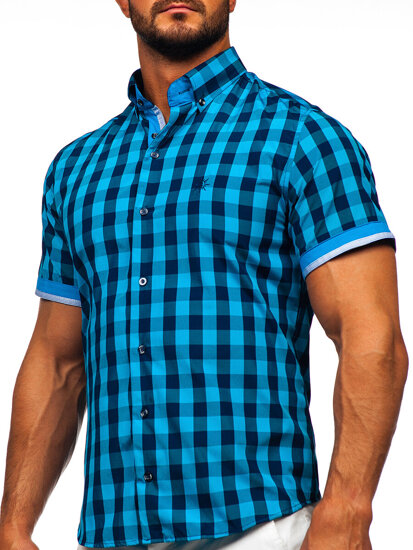 Men's Short Sleeve Checkered Shirt Black-Blue Bolf 4508