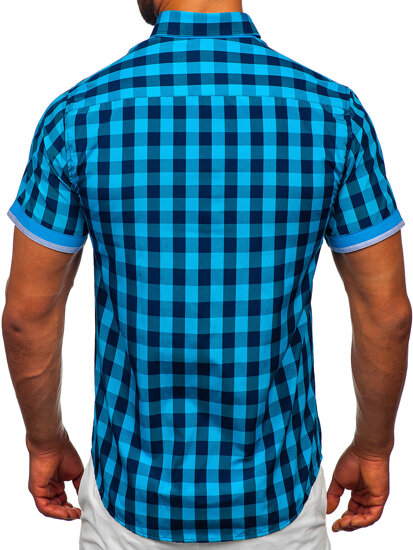 Men's Short Sleeve Checkered Shirt Black-Blue Bolf 4508