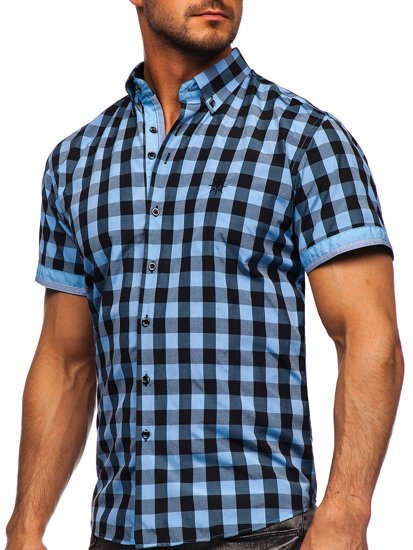 Men's Short Sleeve Checkered Shirt Black-Sky Blue Bolf 4508