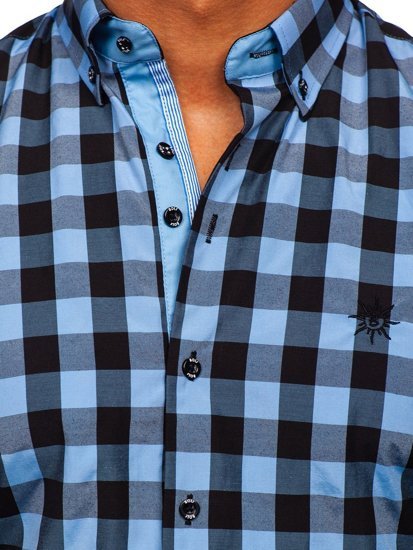 Men's Short Sleeve Checkered Shirt Black-Sky Blue Bolf 4508