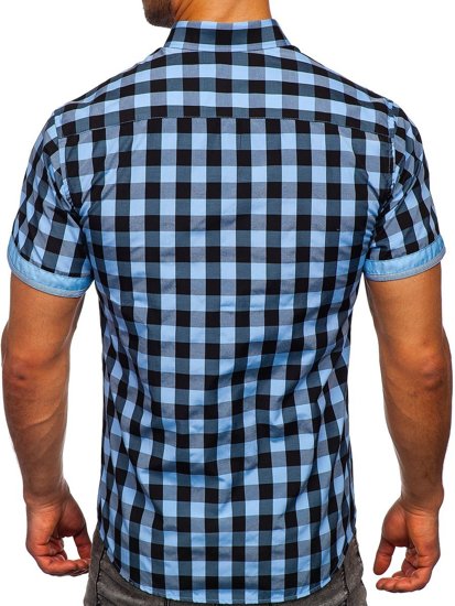 Men's Short Sleeve Checkered Shirt Black-Sky Blue Bolf 4508