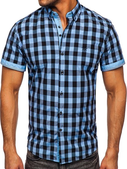 Men's Short Sleeve Checkered Shirt Black-Sky Blue Bolf 4508