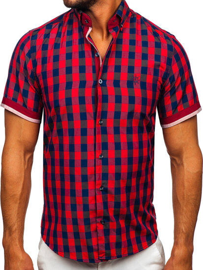 Men's Short Sleeve Checkered Shirt Claret Bolf 4508