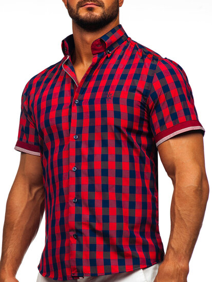 Men's Short Sleeve Checkered Shirt Claret Bolf 4508