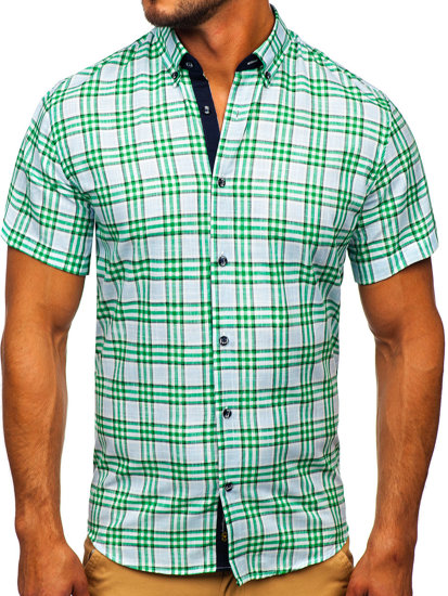 Men's Short Sleeve Checkered Shirt Green Bolf 201501