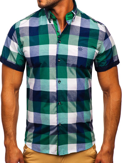 Men's Short Sleeve Checkered Shirt Green Bolf 5532-1