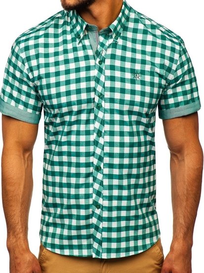 Men's Short Sleeve Checkered Shirt Green Bolf 6522