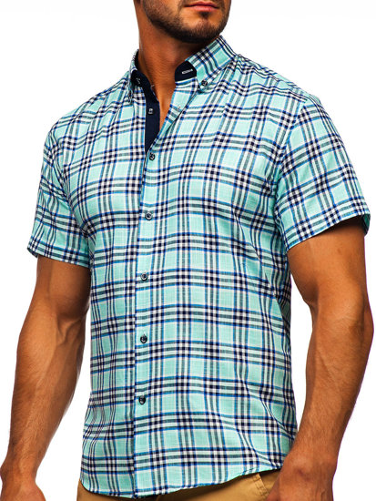 Men's Short Sleeve Checkered Shirt Mint Bolf 201501