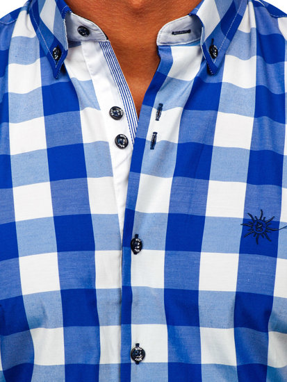 Men's Short Sleeve Checkered Shirt Royal Blue Bolf 4508