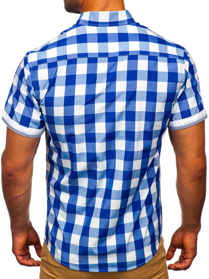 Men's Short Sleeve Checkered Shirt Royal Blue Bolf 4508