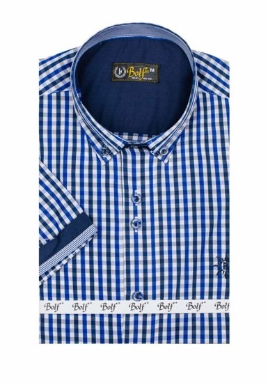 Men's Short Sleeve Checkered Shirt Royal Blue Bolf 4510