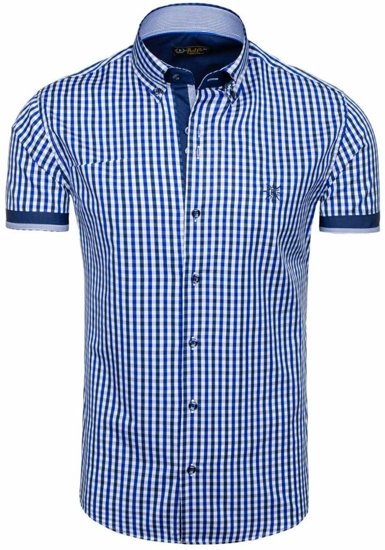 Men's Short Sleeve Checkered Shirt Royal Blue Bolf 4510