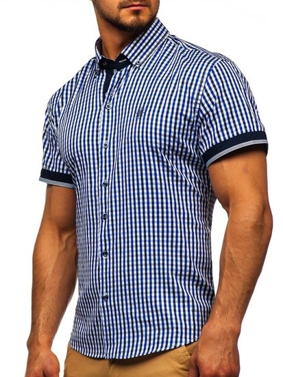 Men's Short Sleeve Checkered Shirt Royal Blue Bolf 4510