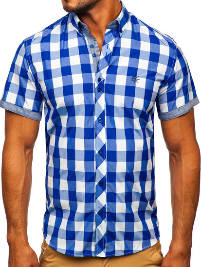 Men's Short Sleeve Checkered Shirt Royal Blue Bolf 6522