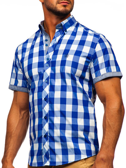 Men's Short Sleeve Checkered Shirt Royal Blue Bolf 6522