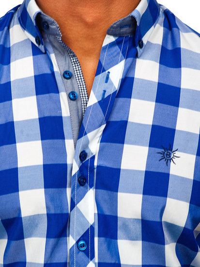 Men's Short Sleeve Checkered Shirt Royal Blue Bolf 6522