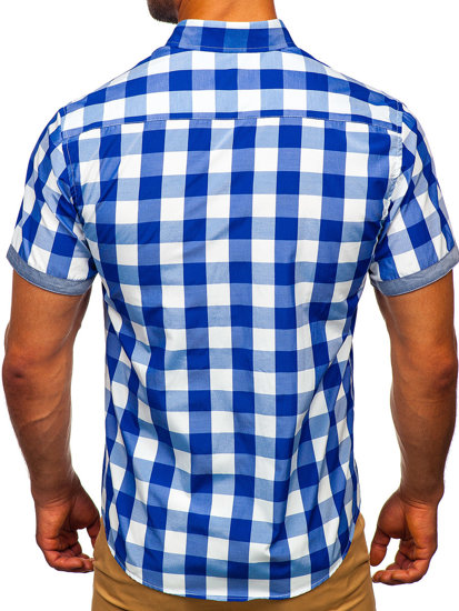 Men's Short Sleeve Checkered Shirt Royal Blue Bolf 6522