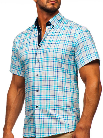 Men's Short Sleeve Checkered Shirt Sky Blue Bolf 201501