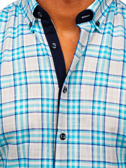 Men's Short Sleeve Checkered Shirt Sky Blue Bolf 201501