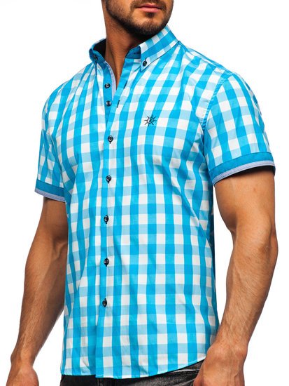 Men's Short Sleeve Checkered Shirt Sky Blue Bolf 4508