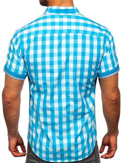 Men's Short Sleeve Checkered Shirt Sky Blue Bolf 4508