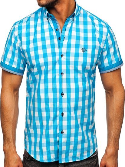 Men's Short Sleeve Checkered Shirt Sky Blue Bolf 4508