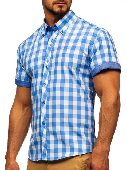 Men's Short Sleeve Checkered Shirt Sky Blue Bolf 6522