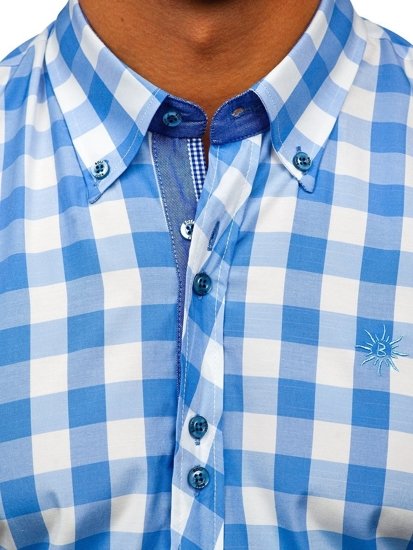 Men's Short Sleeve Checkered Shirt Sky Blue Bolf 6522