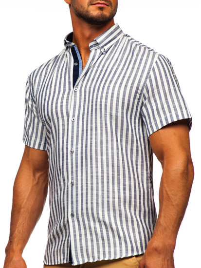 Men's Short Sleeve Striped Shirt Navy Blue Bolf 21500