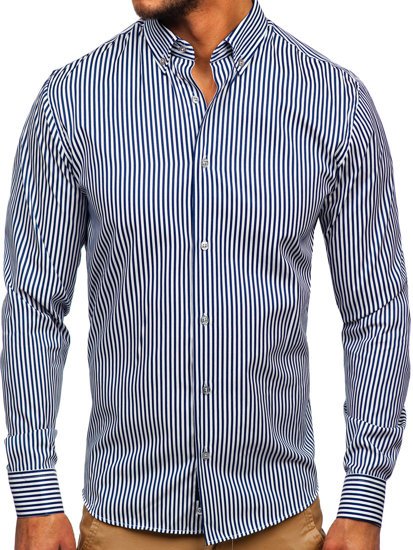 Men's Striped Long Sleeve Shirt Navy Blue Bolf 20726