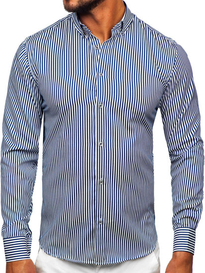 Men's Striped Long Sleeve Shirt Navy Blue Bolf 22731