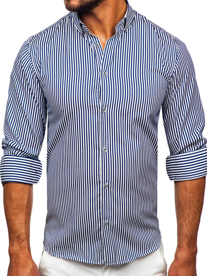 Men's Striped Long Sleeve Shirt Navy Blue Bolf 22731