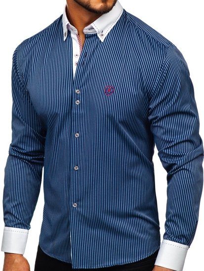 Men's Striped Long Sleeve Shirt Navy Blue Bolf 9717